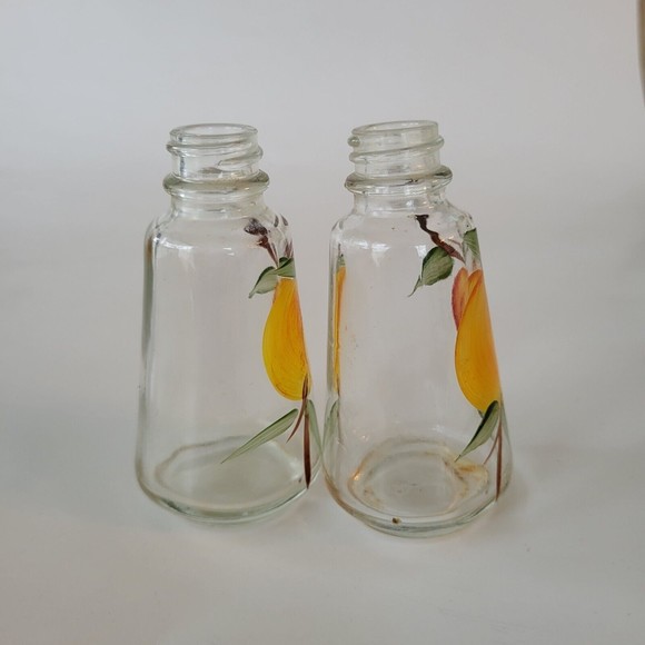 Vintage Anchor Hocking Clear Glass Salt & Pepper Shakers Peaches Hand Painted - Picture 5 of 8